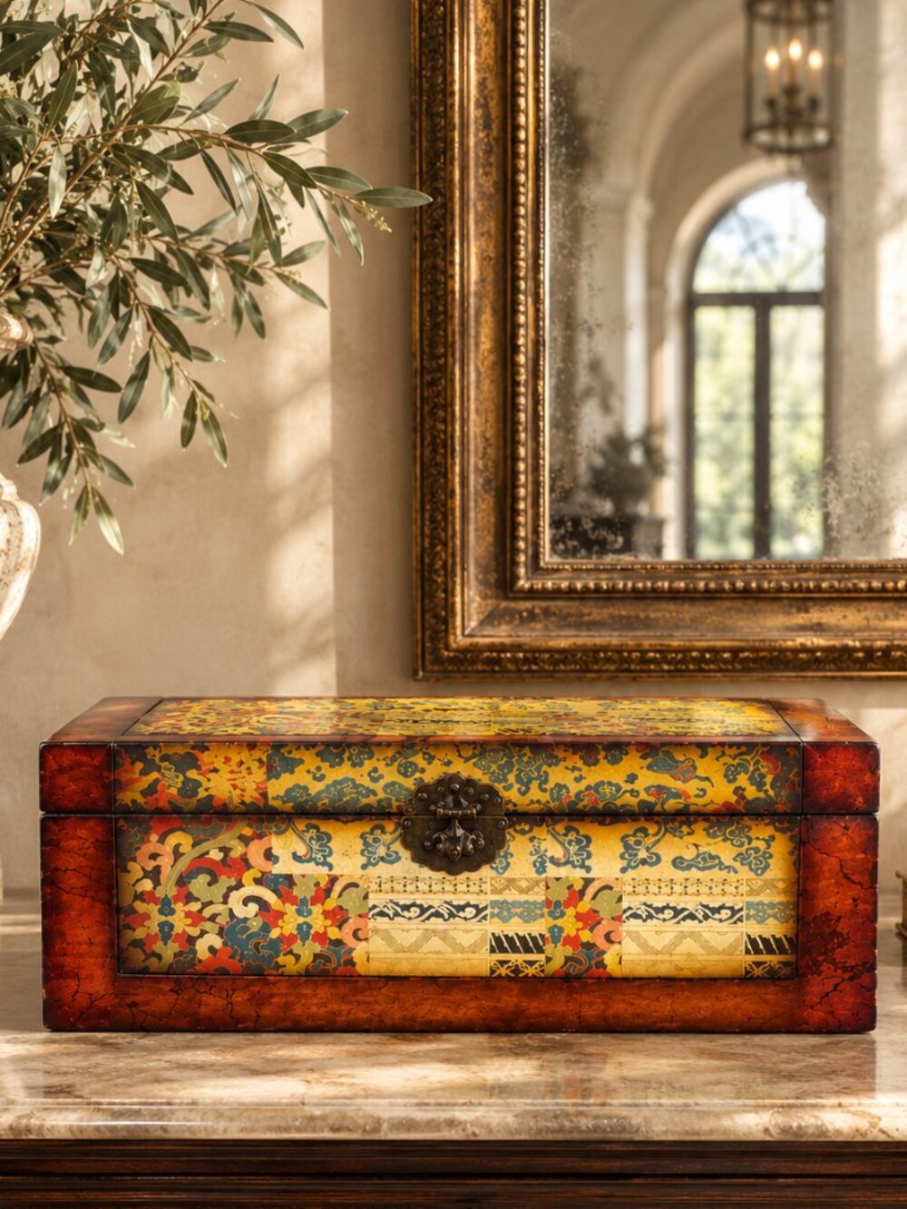 Vintage Asian Chinoiserie Storage Chest Chinese Tibetan Style Brocade Box